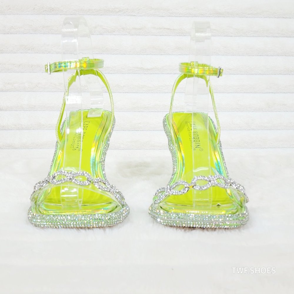 Mini .5" Rhinestone Platform Lime Green Hologram Upper Wrap Strap Heels Baily - Picture 4 of 17